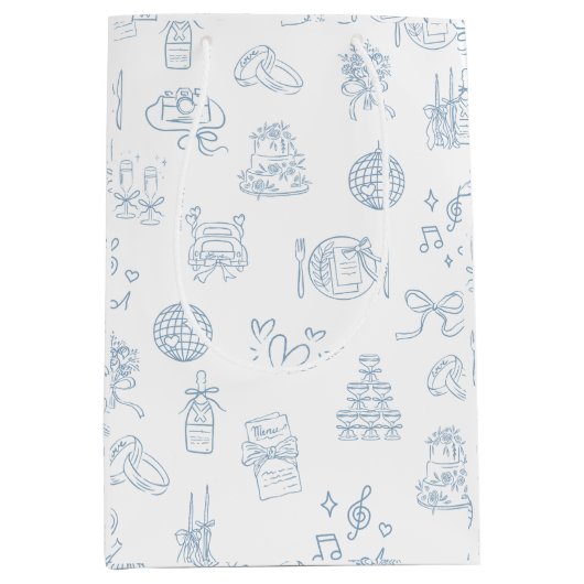 手お洒落引き青図解入りの、写真付きの結婚の ミディアムペーパーバッグ (正面)