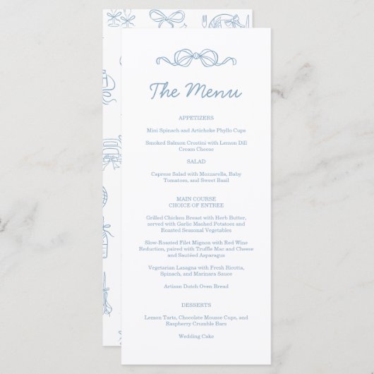 手お洒落引き青図解入りの、写真付きの結婚の メニュー (正面/裏面)