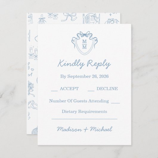 手お洒落引き青図解入りの、写真付きの結婚の 出欠カード (正面/裏面)