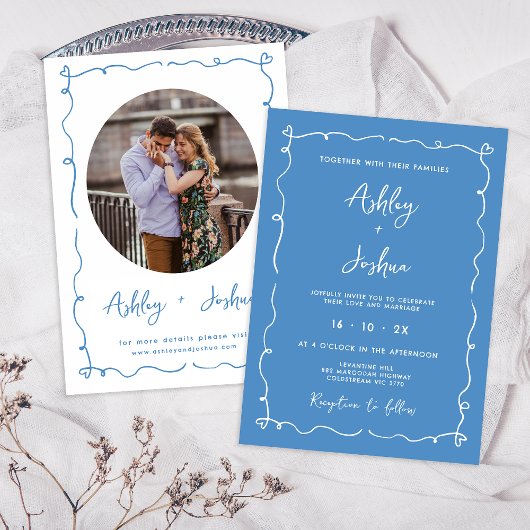 手お洒落引き青枠ハート結婚 招待状