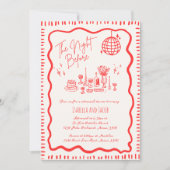 手お洒落描きおもしろい赤い波打ちリハーサルディナー 招待状 (正面)