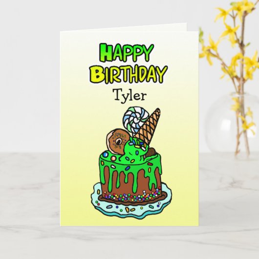 手お洒落描きお誕生日ケーキパーソナライズされた カード (黄色い花)