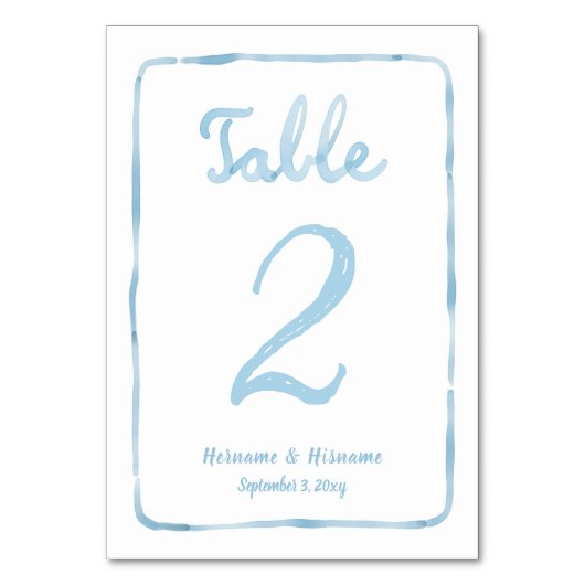 手お洒落描きシンプル淡青色ホワイト テーブルナンバー (正面)