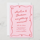 手お洒落描きピンクと赤結婚の+詳細 招待状 (正面)