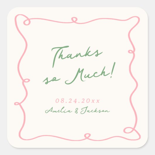 手お洒落描きピンク&グリーンありがとう スクエアシール (正面)