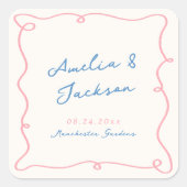 手お洒落描きピンク&ブルー結婚ズ スクエアシール (正面)