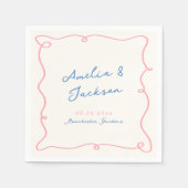 手お洒落描きピンク&ブルー結婚ズ スタンダードカクテルナプキン (正面)