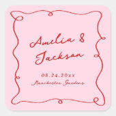 手お洒落描きピンク&レッド結婚ズ スクエアシール (正面)