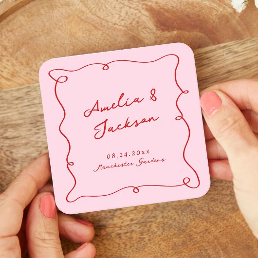 手お洒落描きピンク&レッド結婚ズ スクエアペーパーコースター