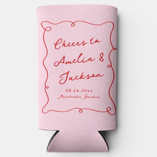 手お洒落描きピンク&レッド結婚ズ スリム缶クーラー (正面)