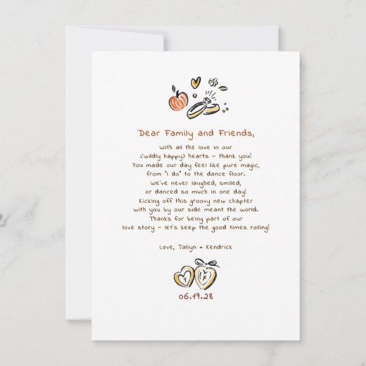 手お洒落描きファンキー秋の結婚式写真 サンキューカード (裏面)