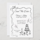 手お洒落描きリボン縁ど日付の保存 招待状 (正面)