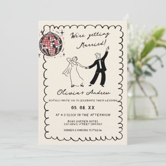 手お洒落描きレトロ写真ファンキー結婚の 招待状 (スタンド正面)