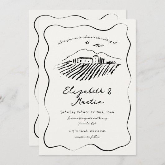 手お洒落描きヴィンヤードウェー縁どブ結婚ス 招待状 (正面/裏面)