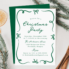 手お洒落描き緑の弓クリスマスパーティー 招待状
