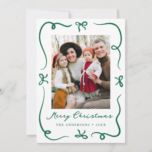 手お洒落描き緑の弓2写真クリスマス シーズンカード (正面)