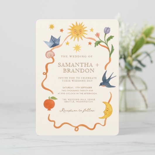 手お洒落絵を描フローラ結婚フォーク 招待状 (スタンド正面)