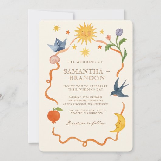 手お洒落絵を描フローラ結婚フォーク 招待状 (正面)