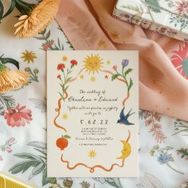 手お洒落絵を描日と月結婚の 招待状