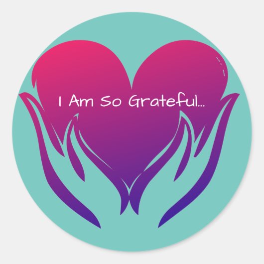 手がピンクとブルーのハートに感謝 ラウンドシール (正面)