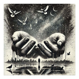 手が空に鳥を放つ、白黒 フォトプリント           