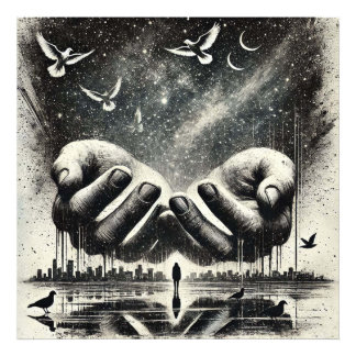 手が空に鳥を放つ、白黒 フォトプリント           