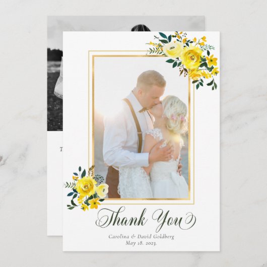 手でエレガントレターイエローローズのフローラ写真 サンキューカード (正面/裏面)