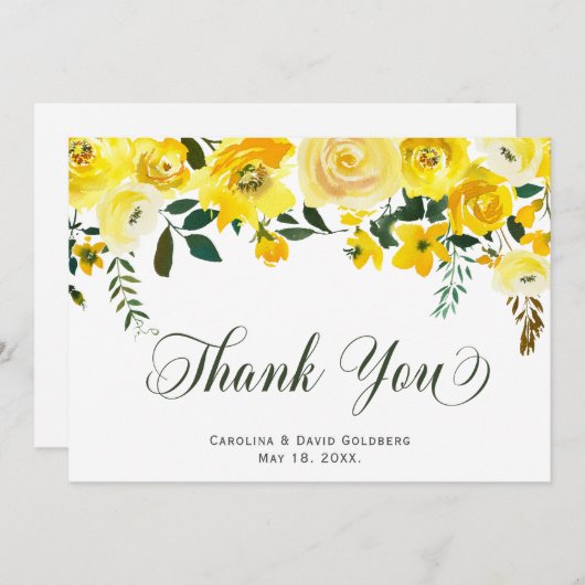 手でエレガントレターサマーイエローローズフローラ サンキューカード (正面/裏面)