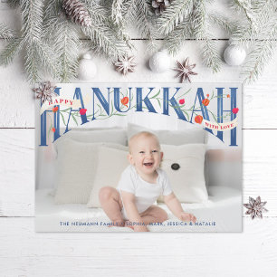 手でエレガントレターハッピーハヌカーの写真カード サンキューカード