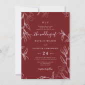 手でスケッチ繊細なフローラブルゴーニュ結婚ーズ 招待状 (正面)
