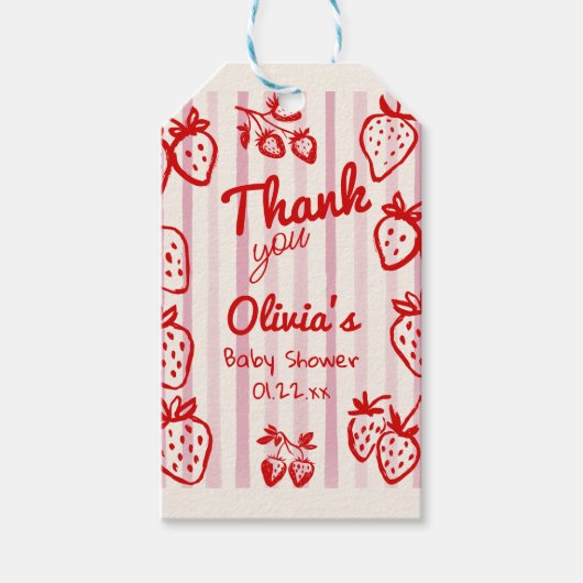 手でベリーの甘いイチゴの赤ちゃんシャワーを描画 ギフトタグ (正面)
