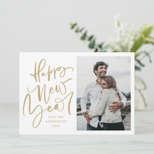 手でモダン手紙を書いた新年の休日の写真カード シーズンカード (スタンド正面)