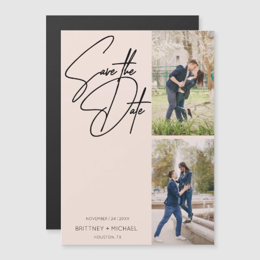 手でレタミニマルーされた写真コラージュ赤面ピンク マグネット招待状 (正面/裏面)