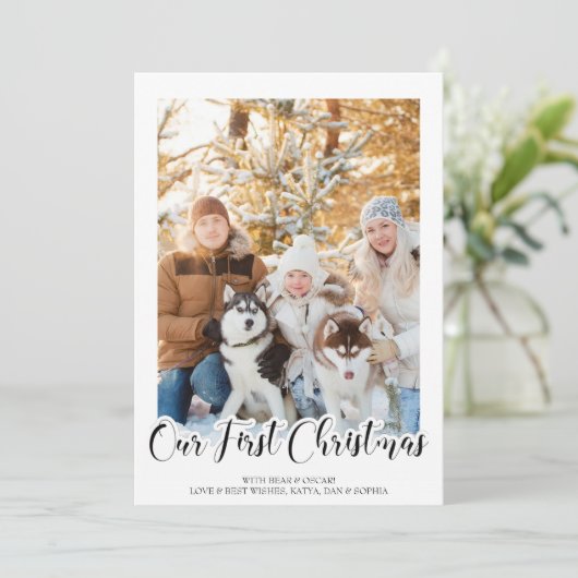 手でレタータード私たちの初めてのクリスマス垂直方向の写真 (スタンド正面)