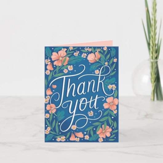 手でレターピーチブルーフローラ写真ありがとう カード (正面)