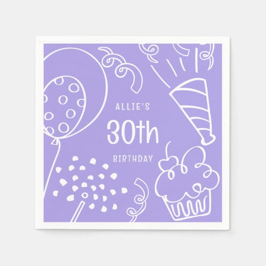 手で任意の年齢の誕生日パーティバルーンラベンダー スタンダードカクテルナプキン (正面)
