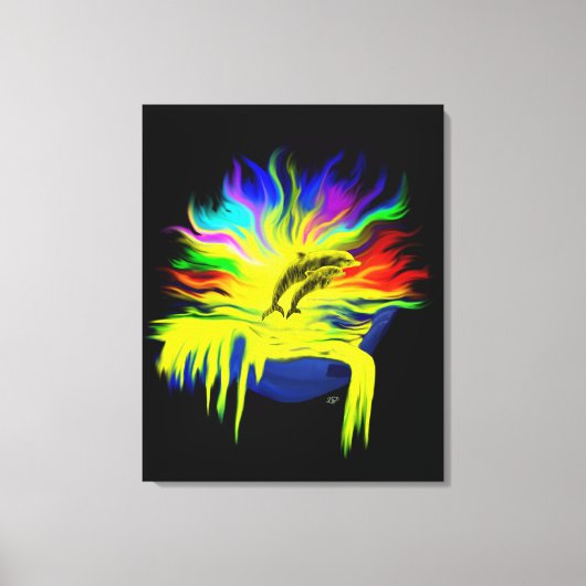 手で太陽の下にいるイルカ キャンバスプリント (正面)