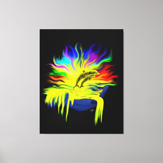 手で太陽の下にいるイルカ キャンバスプリント (正面)