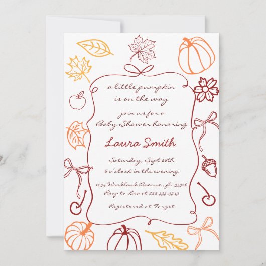 手で小さなカボチャの赤ちゃんお洒落シャワーを描画 招待状 (正面)
