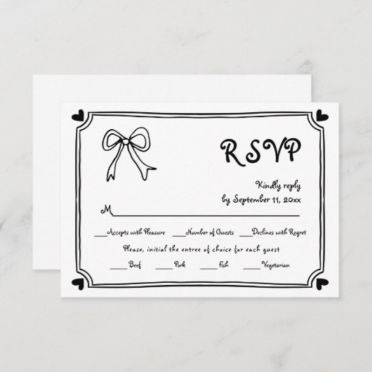 手で引いた弓縁どと結婚の 出欠カード (正面/裏面)