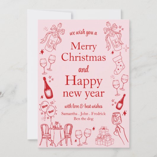 手で引かれたクリスマスと新年の願いドードル シーズンカード (正面)