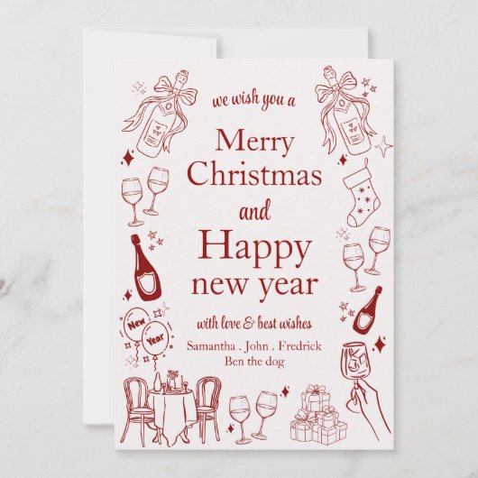 手で引かれたクリスマスと新年の願いドードル シーズンカード (正面)