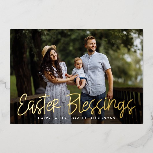 手で手紙を書いたイースター恵み写真 箔シーズンカード (正面)