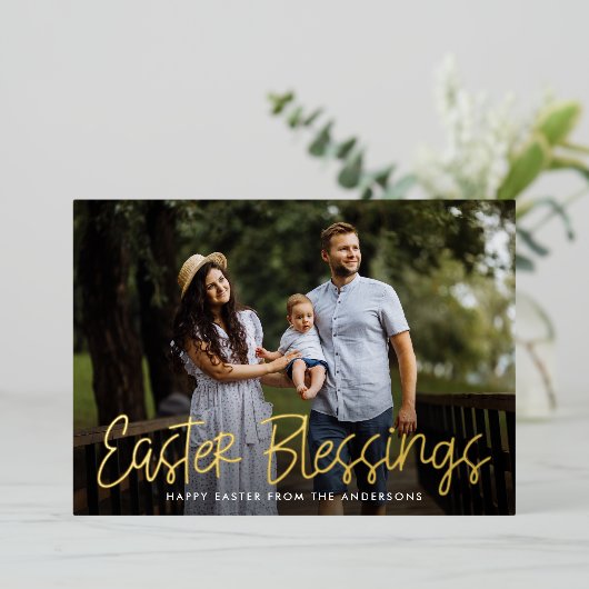 手で手紙を書いたイースター恵み写真 箔シーズンカード (立ち正面)