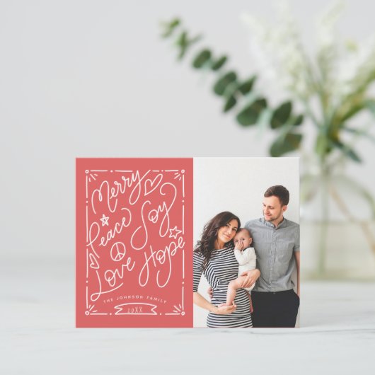 手で手紙を書メリーいた平和の喜び愛の希望の赤い写真 ポストカード (スタンド正面)