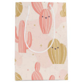 手で描いたかわいいピンクのサボテン ミディアムペーパーバッグ (正面)