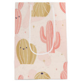 手で描いたかわいいピンクのサボテン ミディアムペーパーバッグ (裏面)