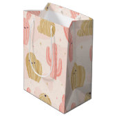 手で描いたかわいいピンクのサボテン ミディアムペーパーバッグ (裏面アングル)