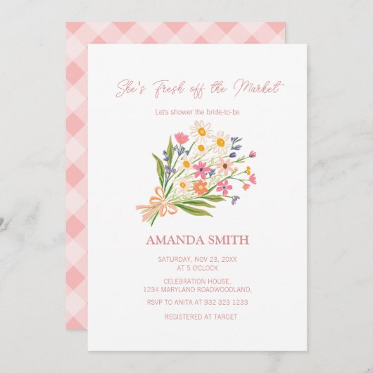 手で描いたかわいいマーケットのブライダルシャワー 招待状 (正面/裏面)