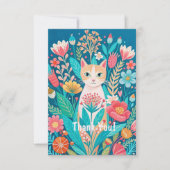 手で描いたかわいい白猫と花 サンキューカード (正面)